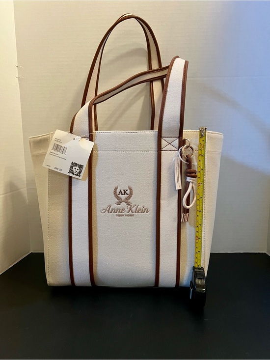 Anne Klein Handbags - Anne Klein Cream Canvas Tote with Brown Trim and Double Handles